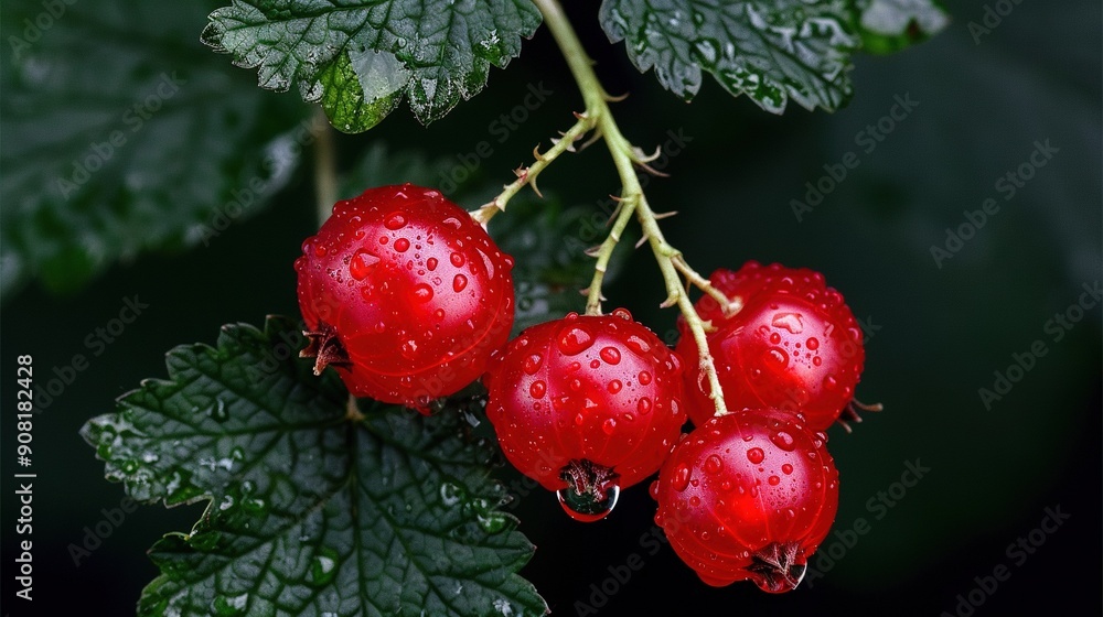 Poster a macro of several berries on a branch with dew on the foliage