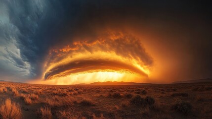 Epic Storm Front Over Desert - Dramatic storm front with vibrant orange and dark blue hues sweeping across a desolate desert landscape, showcasing the power of nature.