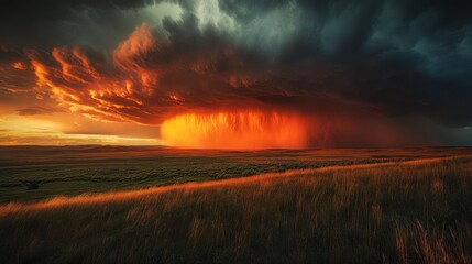 Obraz premium Intense Sunset Storm Over Grasslands - Fiery sunset storm with dramatic clouds and vibrant colors over vast grasslands, capturing the raw power and beauty of nature.