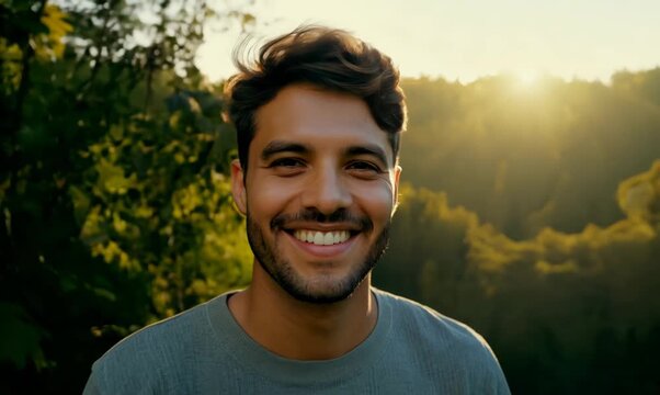 Portrait of a handsome young man standing in the forest and smiling