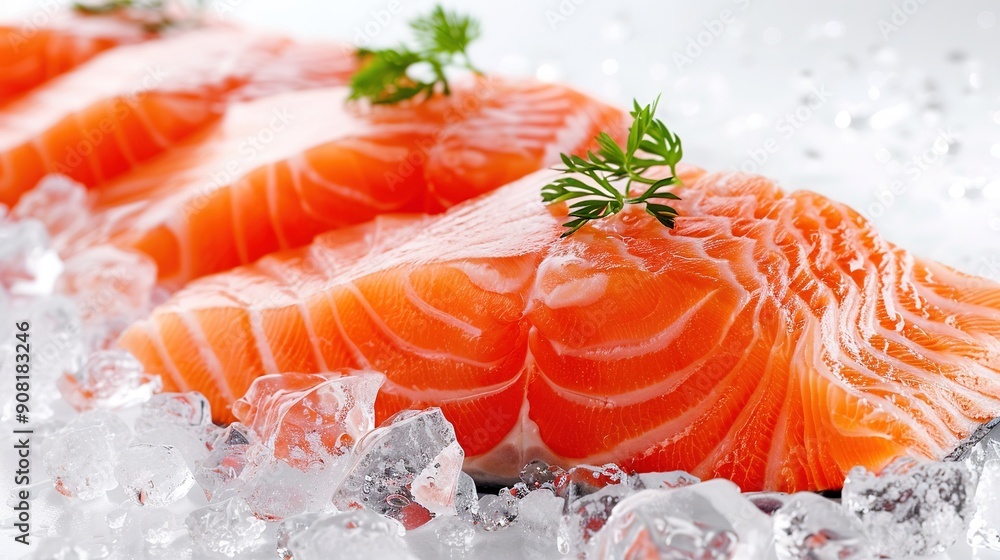 Poster a close-up of fish on ice with water splashing at its base and a sprig of parsley on top
