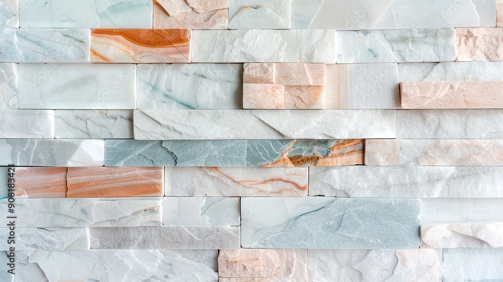 Poster a close-up of a wall composed of varying hues of marble with a rustic metal object in the center