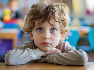 Fototapeta premium Young Boy With Curly Hair and Blue Eyes Sitting at Classroom Desk During School Hours