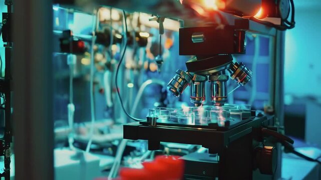 A high-tech laboratory features an advanced microscope under bright lighting. The lab, equipped with modern technology, showcases a professional environment. The focus is on cutting-edge research.