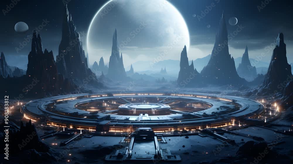 Poster a futuristic cityscape with towering structures and bright lights shines under a large moon in a sur