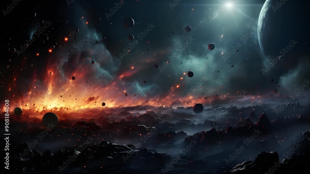 Poster a fiery, apocalyptic scene in outer space. asteroids and comets crash into a planet, setting the sur