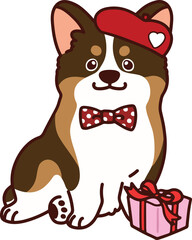 Simple and adorable Valentine's Day illustration of tri colored Corgi outlined