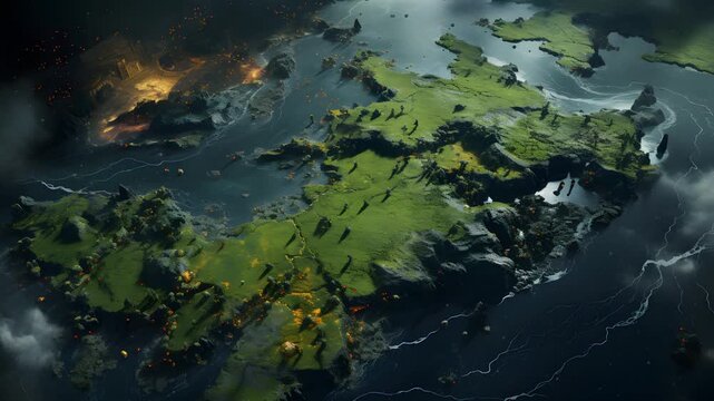 A stunning aerial view of a large island, lush with greenery, set against a stormy sky. The island is surrounded by a vast and mysterious ocean.