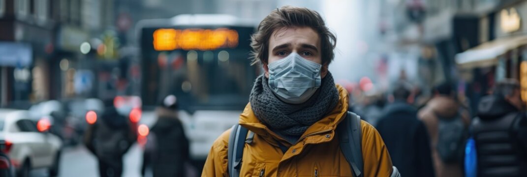 A young man wearing a medical face mask on a busy street