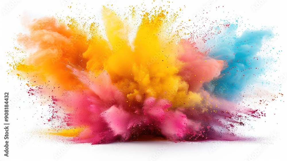 Poster a multicolored explosion of powder on a white background with a clipping path below