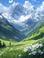 Majestic Mountain Peaks with Snow-capped Summits and Lush Green Valley - A breathtaking view of snow-capped mountain peaks, towering over a lush green valley dotted with wildflowers. The scene evokes 