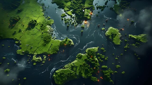A serene aerial shot of a lush green landscape with islands and rivers.
