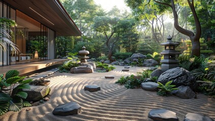 View of the garden in the cool yard of the house.