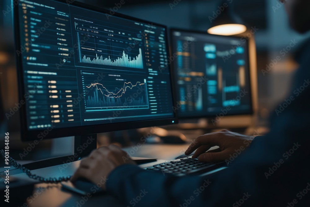 Poster a man analyzing financial data on a computer screen