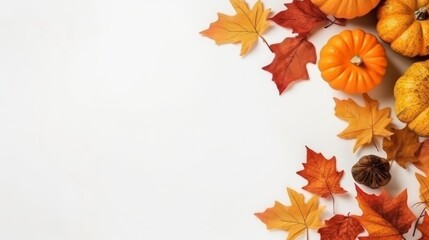 Autumn background with pumpkins and leaves on white background