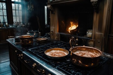 Rustic Kitchen Interior with Copper Pots on Stove and Open Fireplace