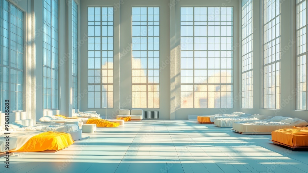 Poster Modern Loft Interior with Large Windows and Minimalist Furniture - A bright and airy loft space with large windows, minimalist white furniture, and pops of yellow. The room is bathed in sunlight, crea