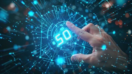 Fototapeta premium Fingers touch the screen of the future advanced 5G network technology system.