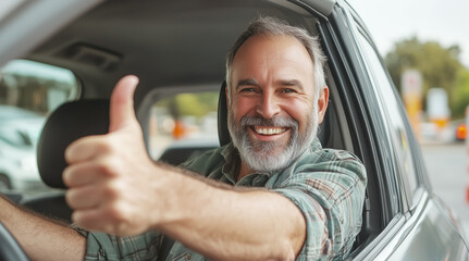 Joyful man sitting in car with window rolled down giving thumbs-up gesture, smiling broadly, displaying satisfaction and positivity. Auto buying, finance services, life and property insurance concept