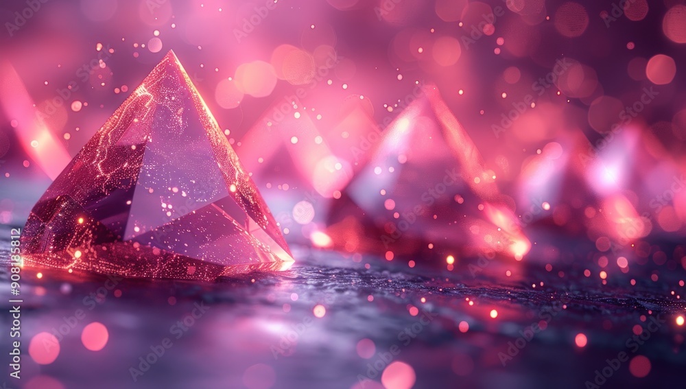 Poster abstract background with flying triangles and glowing geometric shapes.