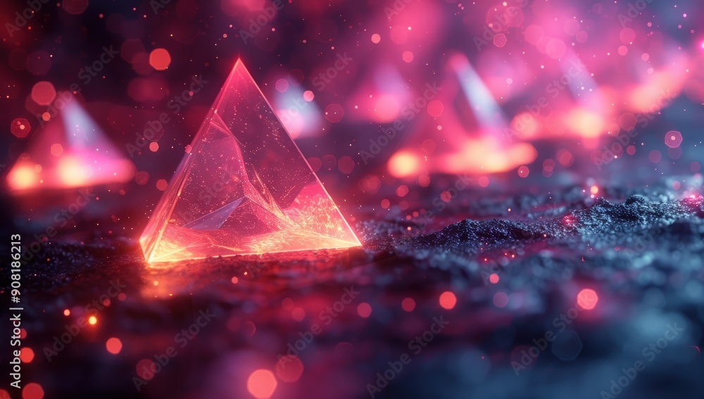 Poster abstract background with flying triangles and glowing geometric shapes.
