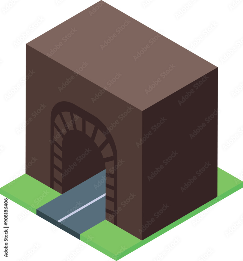 Poster road is passing through a tunnel in the mountain with a green lawn on both sides in isometric view