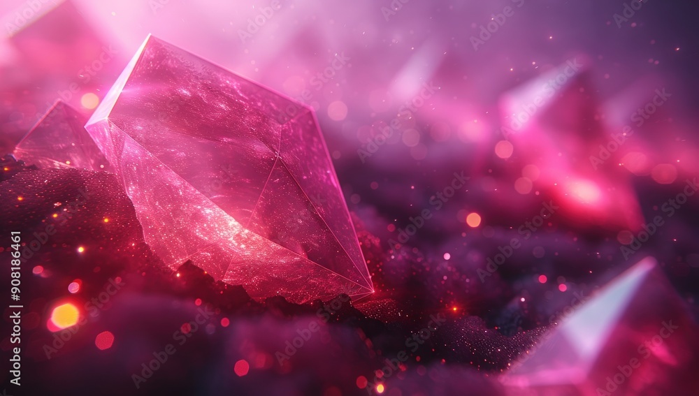 Poster abstract background with flying triangles and glowing geometric shapes.