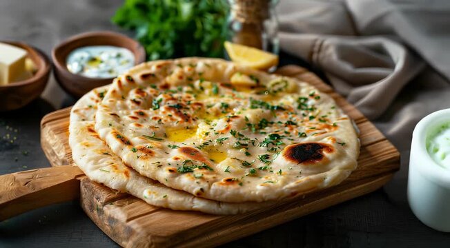A close-up of freshly made buttery garlic naan bread garnished with herbs, served on a wooden board with a bowl of butter, a herb dip, and a lemon wedge.