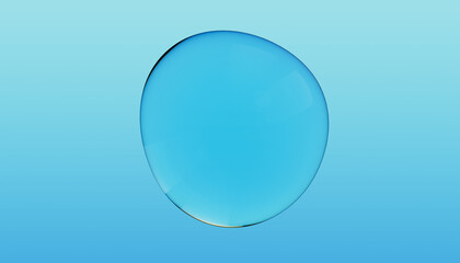 Abstract water bubble on blue background. Blue distorted droplet floating, Purity concept. 3d render illustration