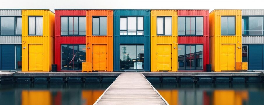 Industrial architecture warehouses, repurposed spaces, selective focus, adaptive reuse, vibrant, double exposure, riverside dock