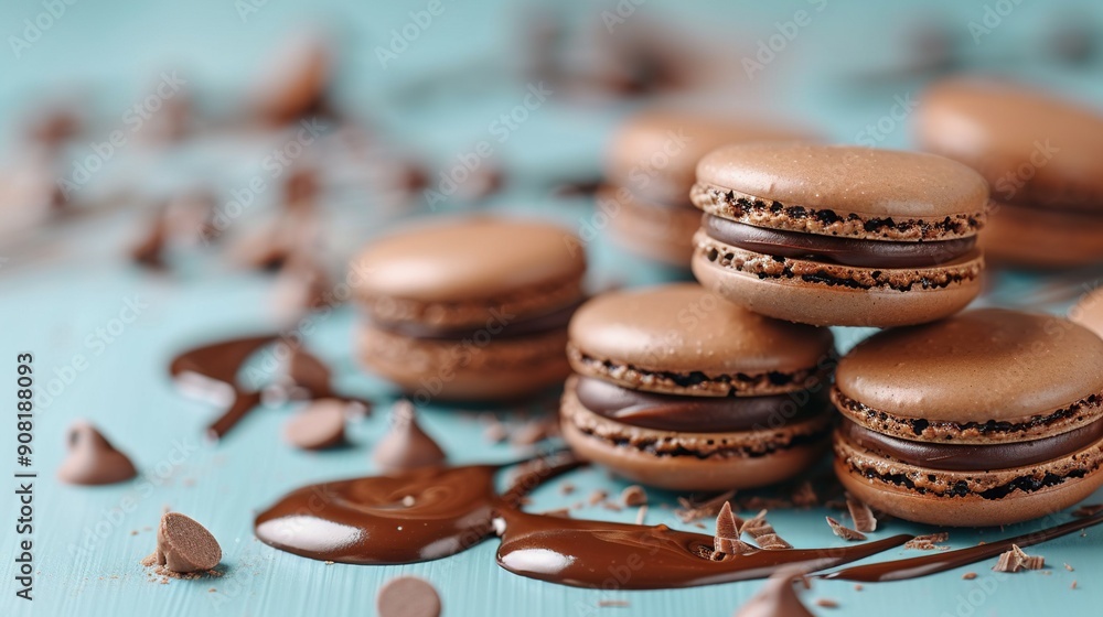 Poster a stack of chocolate macaroons sits atop a table next to another pile