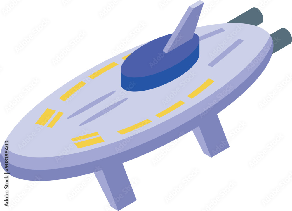 Poster isometric alien spaceship hovering in the air with open hatch ready for abduction