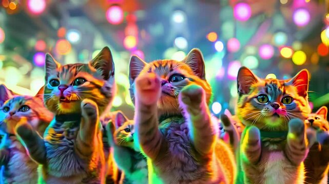 Funny Cats Dancing Cute At Cat Party, Humor Club Disco Pets Fun Concept 