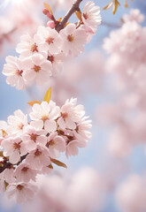 Fototapeta premium Sakura. Branches with pink flowers on a plain background for publications.