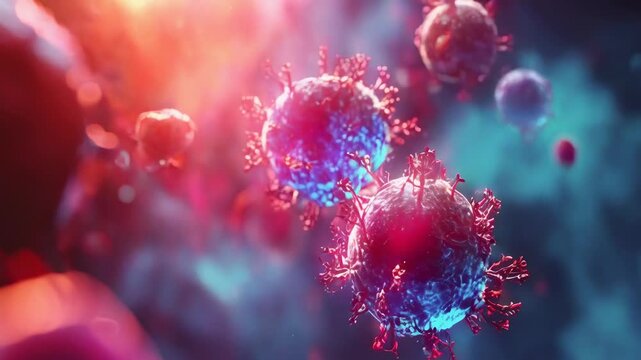 The close-up view shows vibrant viruses and red blood cells under a microscope, illustrating a medical or laboratory environment. The colorful background adds a modern, scientific ambiance.
