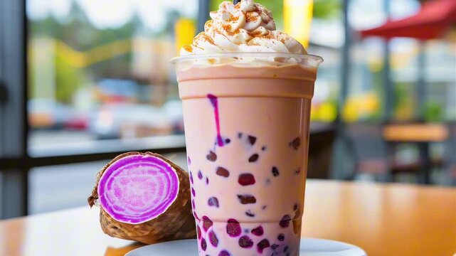 Taro Drink Boba Tea Whipped Cream Straw Tapioca Bubble  Taro Root Served On Table In Cafe 