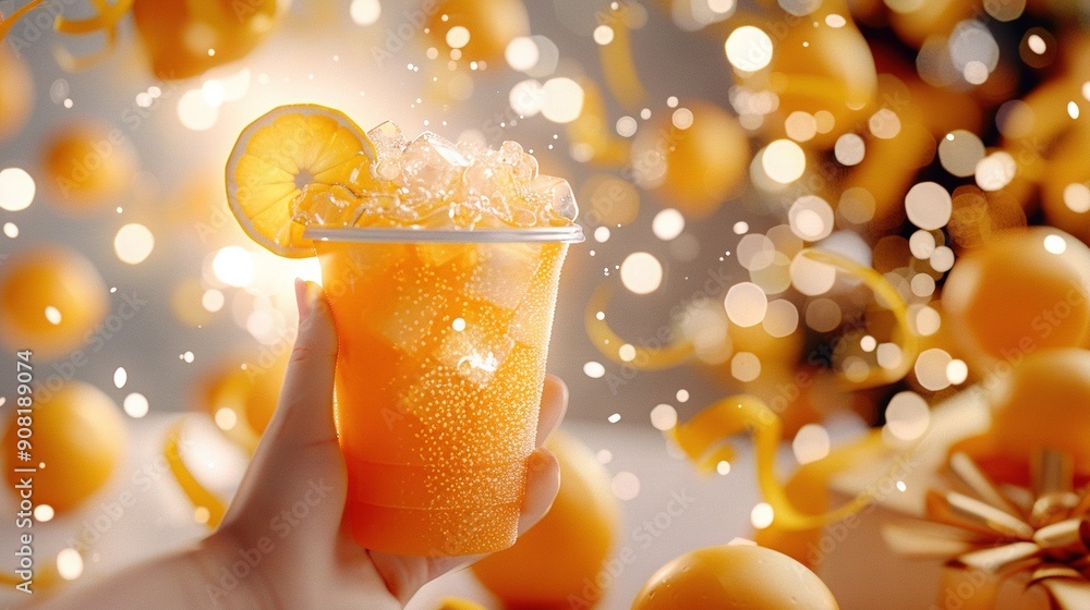 Poster a hand holding a drink with a lemon slice and a basket of oranges in the background