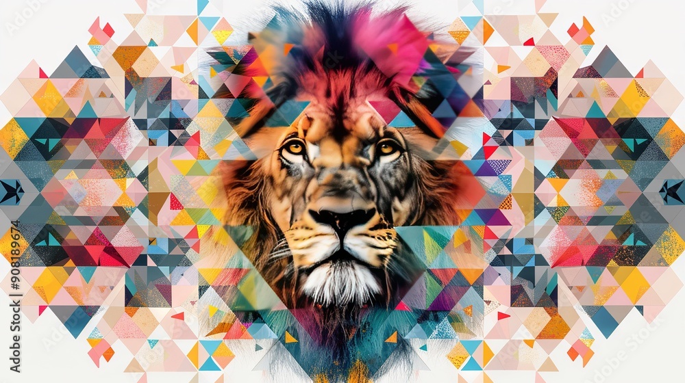 Poster a digital painting of a lion's face with colorful triangles in the background and a geometric design