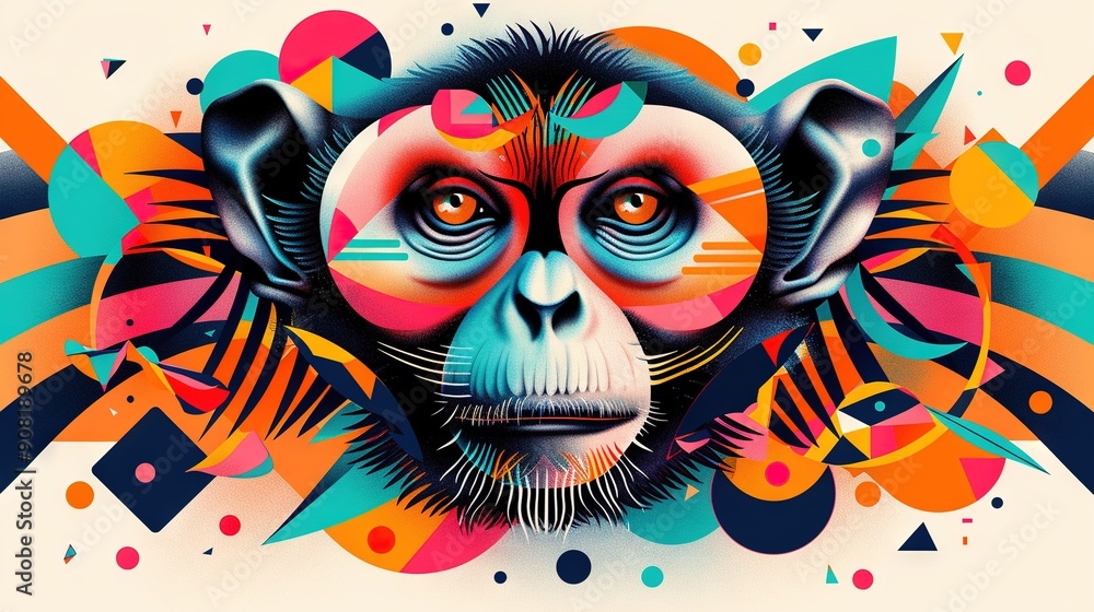 Poster monkey portrait on white canvas with colorful abstractions surrounding the face