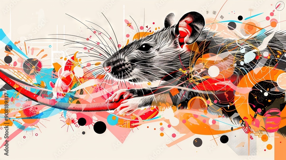 Poster mouse on white background with splatkles and circles