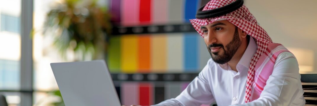 Handsome Arab male engineer and designer presenting color palettes on laptop during virtual construction business meeting in office setting