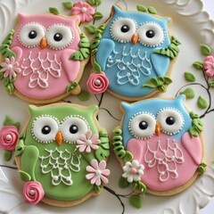 Decorated Cookie. Owl Shaped Cookies in Pink, Blue, and Green Colors