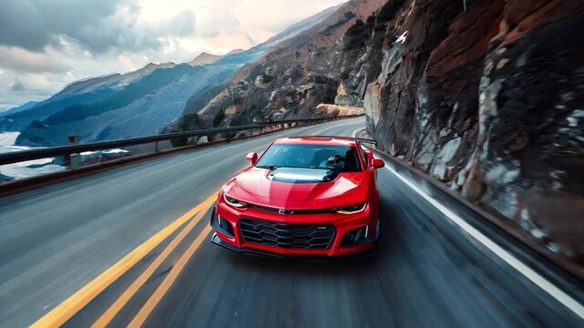A bright red car in the mountains, conquering a winding road with a magnificent view