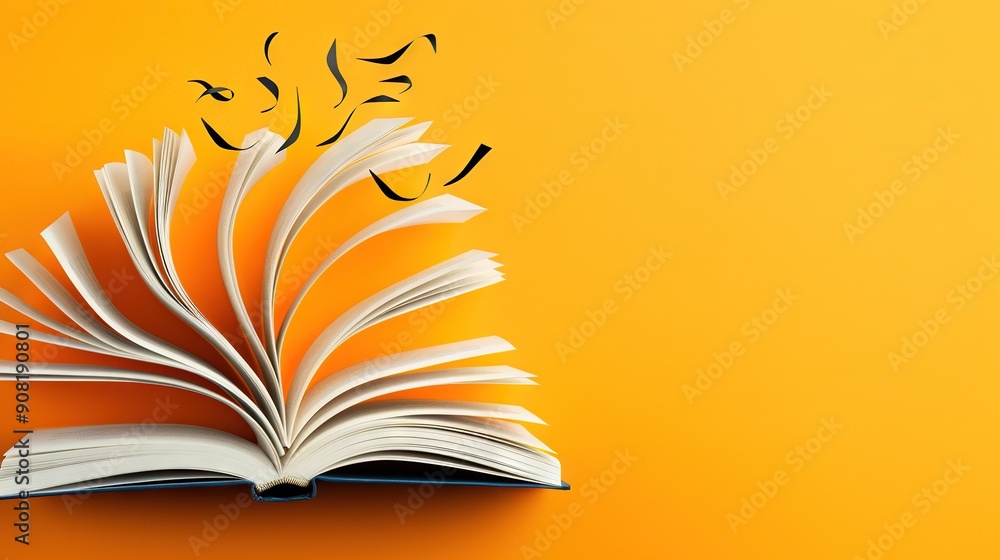 Poster an open book with black birds flying out of it on a yellow background and a shadow of an open book