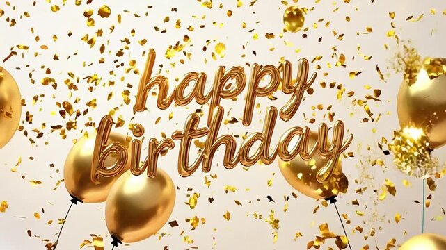 Text happy birthday against the background of falling blank sequins and inflatable balloons