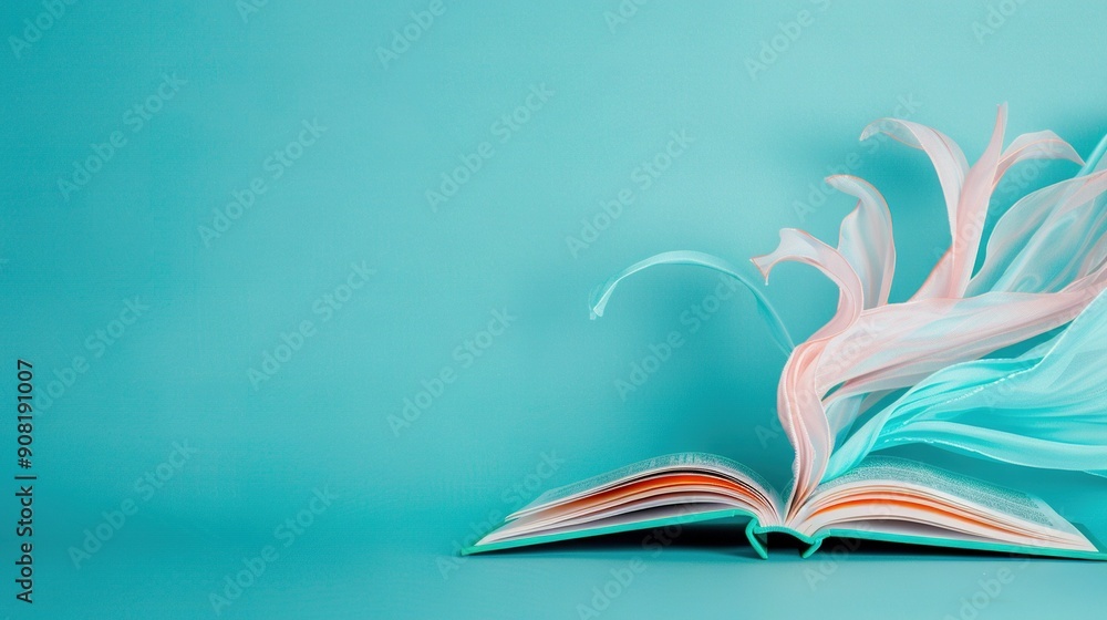 Poster an image of an open book on a blue background with a pink and white flower centered between its page