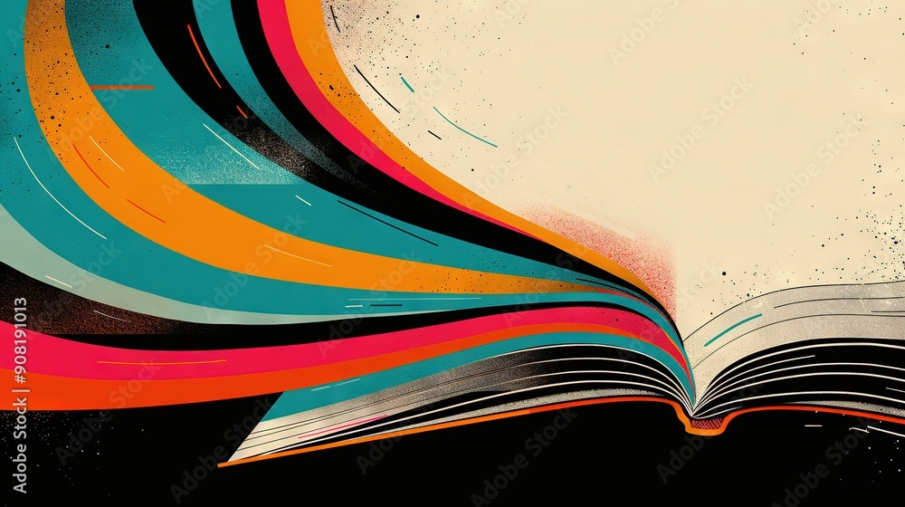 Poster an image with an open book resting on a dark background, featuring a multi-colored bookmark located 
