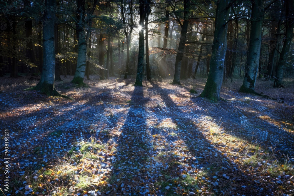 Poster sunbeams illuminating a forest floor with fallen leaves and tree shadows