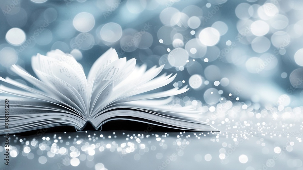 Poster an open book rests atop a table beside a hazy photo of flickering lights
