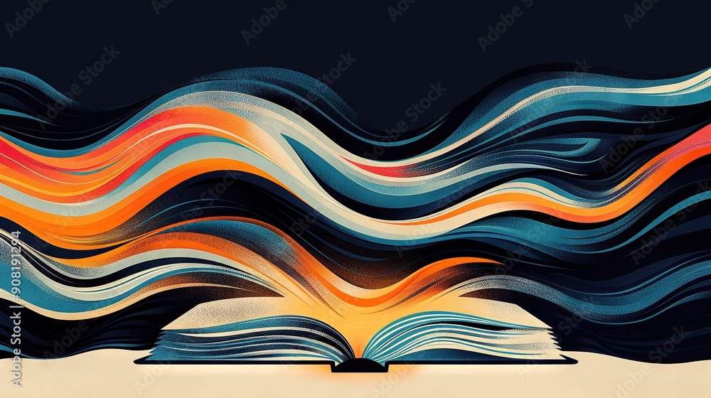 Poster abstract painting of a book with undulating lines on its cover and a yellow light emanating from the
